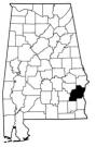 Map of Alabama with the county lines drawn out, Barbour County is highlighted.