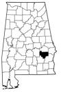 Map of Alabama with the county lines drawn out, Bullock County is highlighted.