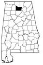 Map of Alabama with the county lines drawn out, Morgan County is highlighted.