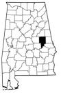 Map of Alabama with the county lines drawn out, Tallapoosa County is highlighted.