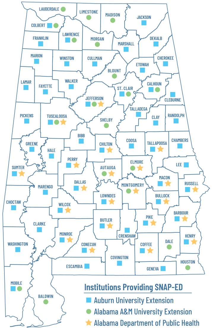 A map of the state of Alabama that shows Institutions that provide SNAP-ED.