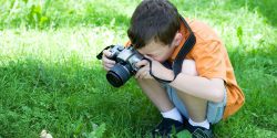 A young boy taking a picture with a camera of a mushroom.