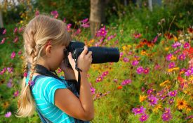 A young girl with pigtails taking a picture of wildflowers with a camera.