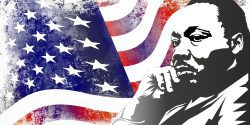 An illustration of Martin Luther King Jr. and an American flag.