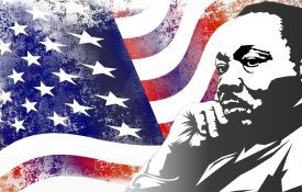 An illustration of Martin Luther King Jr. and an American flag.