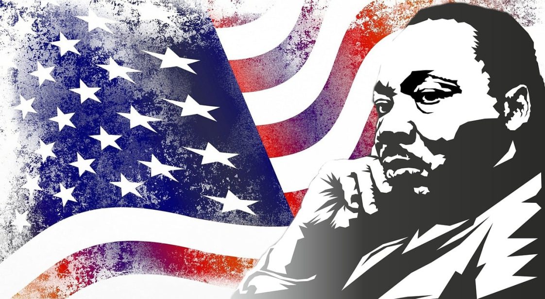 An illustration of Martin Luther King Jr. and an American flag.