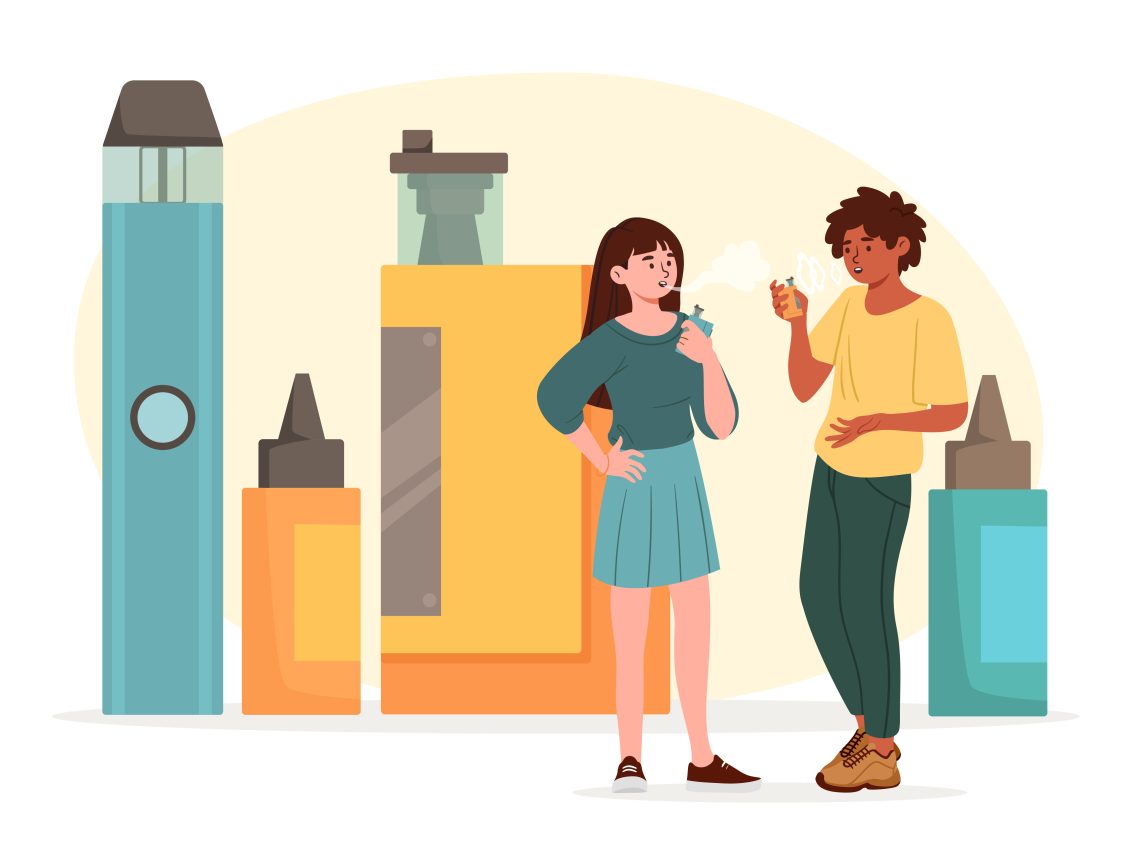 An illustration of two young people vaping electronic cigarettes while talking to each other.