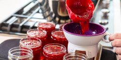 using home food preservation methods and ladling jam into jars