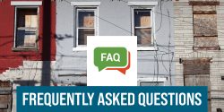 A picture of an abandoned apartment building with the words Frequently Asked Questions.