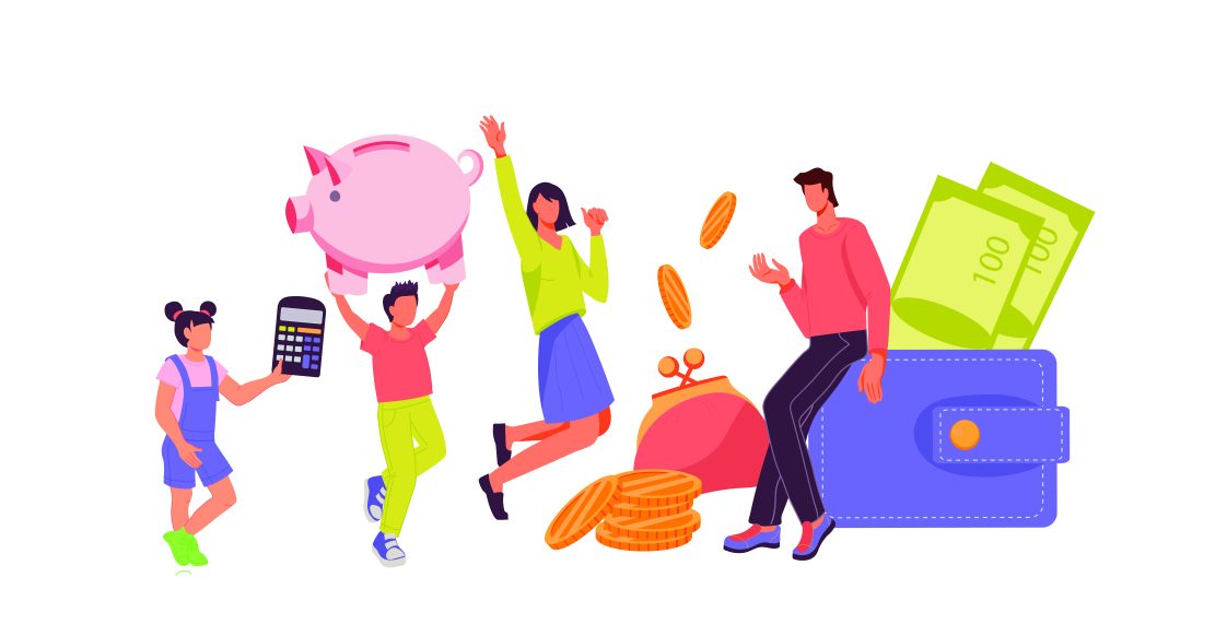 An illustration of a family standing around giant money, bank, and wallet.