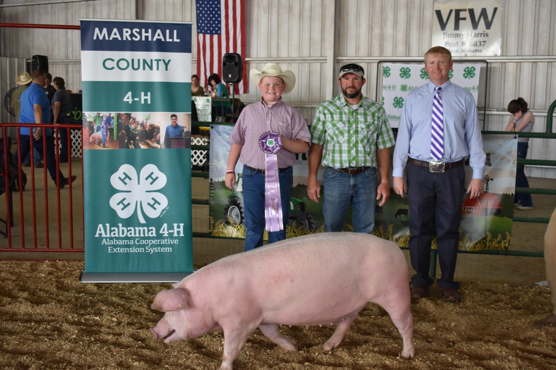 A Marshall County 4-H member posing for a picture with his Grand Champion pig in the Pig Squeal program.