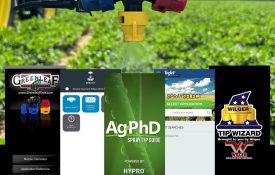 A closeup shot of a sprayer nozzle, with several home screens of spray nozzle mobile apps.