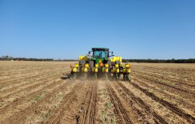 tractor driving away from the camera planting